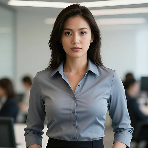Photograph of a serious-looking woman with long dark hair, wearing a light blue button-up shirt and black pants, standing in a bright office with blurred