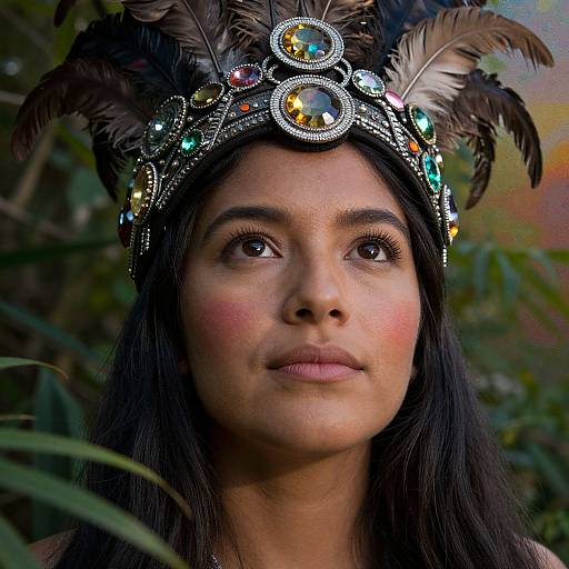 Photograph of a Native American woman with dark brown hair, wearing a detailed headdress adorned with feathers and colorful stones, set against a green, leaf