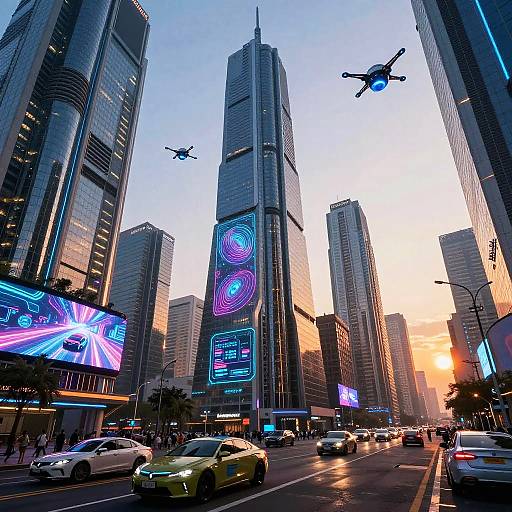 Futuristic Cyberpunk Cityscape at Sunset