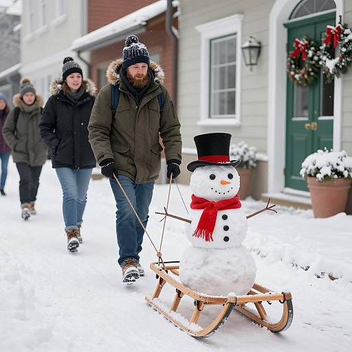 Winter Scene with Snowman and Sled