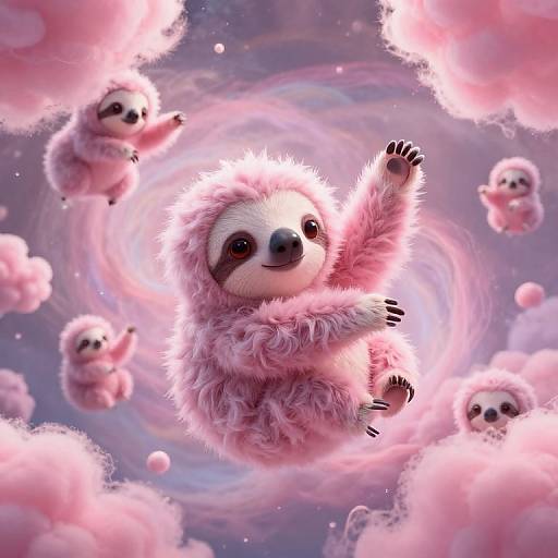 Digital artwork of fluffy pink sloths floating in a swirling, pastel cloud-filled galaxy, with six sloths around the central one, surrounded by glowing