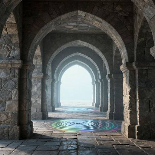 Photograph of a dimly lit stone archway corridor with colorful circular patterns on the floor, leading to a bright, sunlit exit.