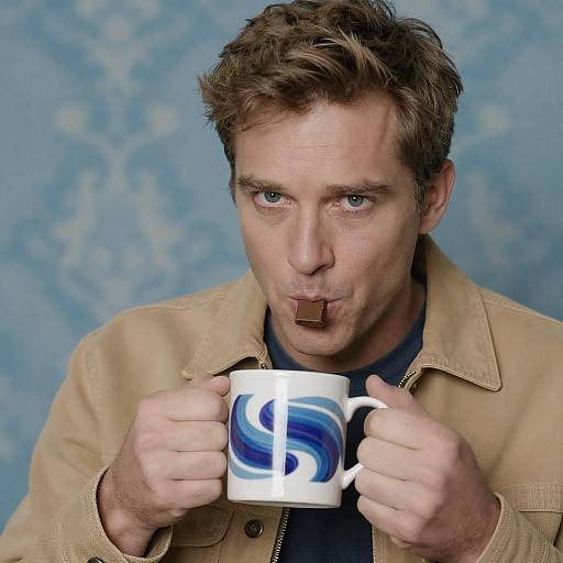 Man Eating Chocolate with Coffee Mug