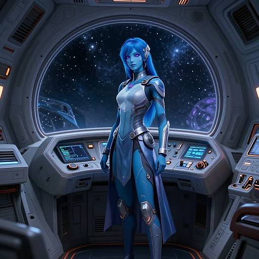 CGI image of a blue-skinned, long-haired female astronaut in a futuristic spaceship cockpit, wearing a metallic bodysuit, standing confidently in front