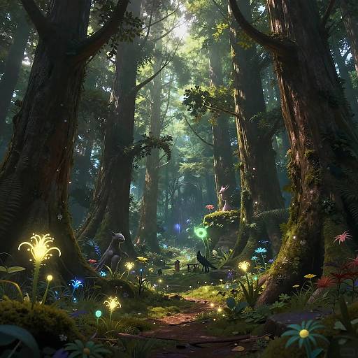 Fantasy forest scene with glowing mushrooms, sunlight filtering through tall trees, a small bench, and a sitting figure in the background.