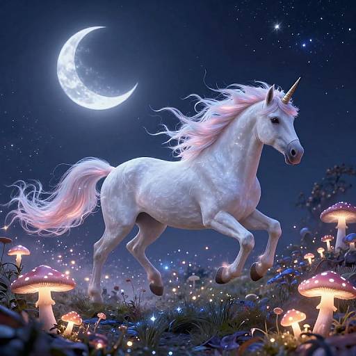 Digital painting of a glowing white unicorn with a pink mane, galloping under a crescent moon in a magical, starry night forest filled with