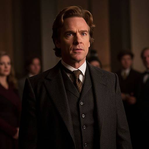 Photograph of a serious, white man with brown hair in a dark three-piece suit, white shirt, and patterned tie, standing in a dim
