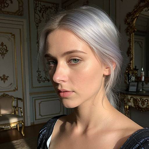 Digital portrait of a fair-skinned woman with silver hair, green eyes, and subtle makeup, wearing a black top, in an ornate, dim