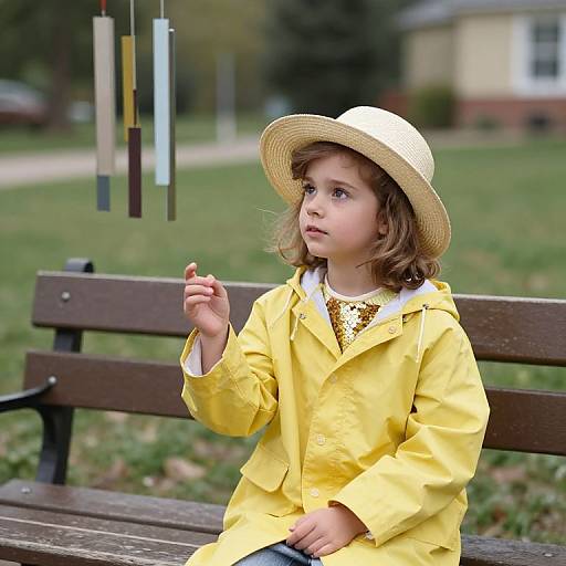 Photograph of a young girl with curly brown hair, wearing a yellow raincoat and straw hat, holding a colorful dangling ornament on a park bench.