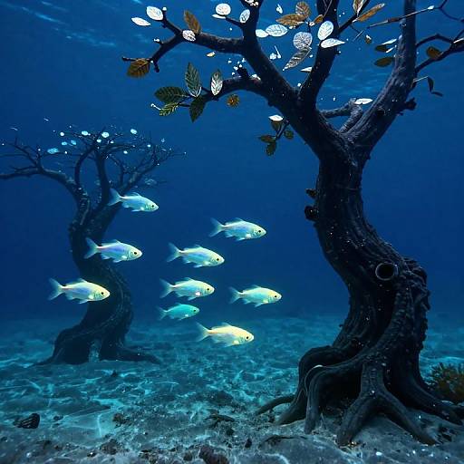 Underwater photograph of glowing blue fish swimming around dark, twisted trees with white, luminescent leaves in a deep blue ocean.