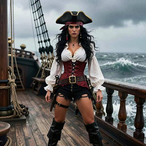 Digital artwork of a fierce, black-haired pirate woman in white blouse, red corset, black shorts, boots, and tricorn hat on a storm