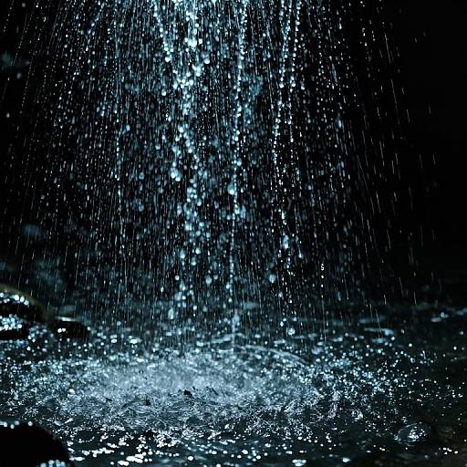 Photograph of sparkling blue water droplets falling onto a dark, textured surface, creating a luminous, shimmering effect in the darkness.