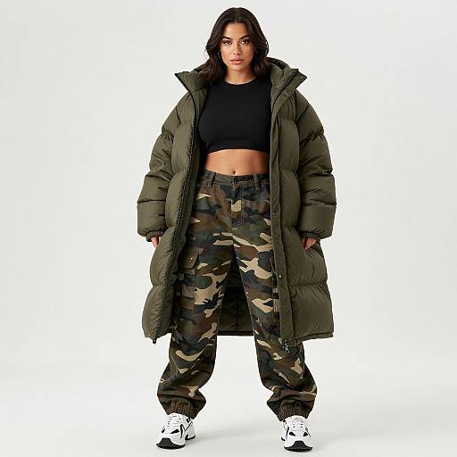 Photograph of a confident woman with medium brown skin, dark wavy hair, wearing a green puffer jacket, black crop top, camouflage pants,