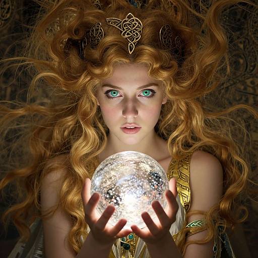 Digital artwork of a fair-skinned, green-eyed woman with wild, curly red hair holding a glowing, silver sphere, wearing a golden, Celtic-inspired