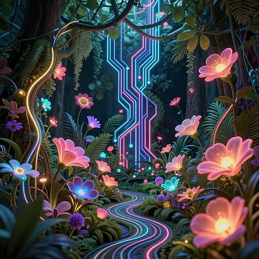 Digital art of a neon-lit forest with vibrant glowing flowers, winding blue and pink neon path, and intricate tree vines.