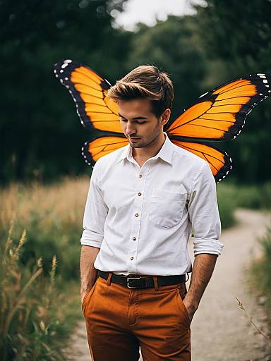 Solo Boy with Orange Fairy Wings Outdoors