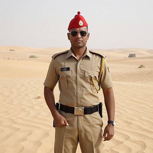 Photograph of a serious male police officer in tan uniform, red beret, sunglasses, and desert background with sandy dunes.