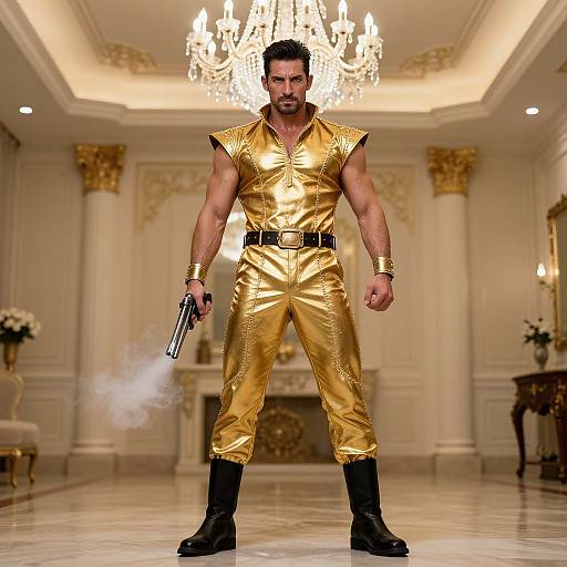 Muscular Man in Gold Outfit with Smoking Gun