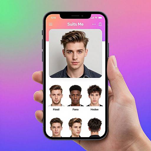 Photograph of a hand holding a smartphone with a gradient pink-blue background, displaying a 