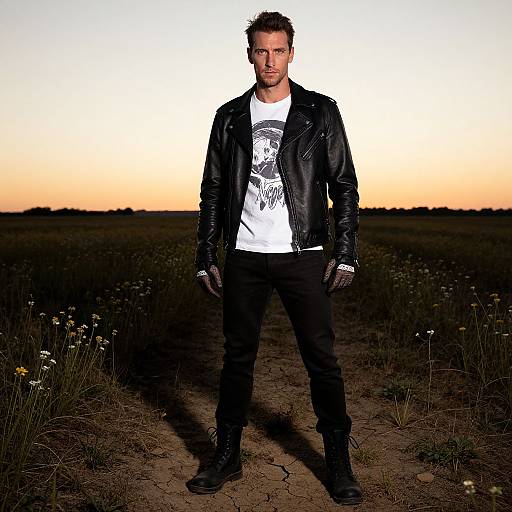 Photograph of a tall, handsome man with short, dark hair, wearing a black leather jacket, white graphic tee, black pants, and gloves,