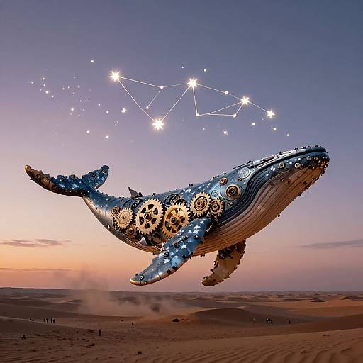 Digital artwork of a mechanical, gear-adorned whale flying in a desert at sunset, with a starry sky and constellation.