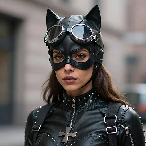 Woman in Black Catwoman Costume with Goggles