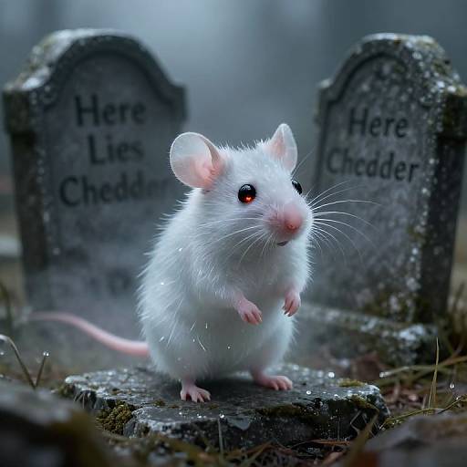 Photorealistic CGI of a white, glowing-eyed mouse standing on a mossy grave with 
