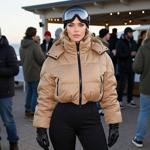Photograph of a blonde woman in a beige puffer jacket, black gloves, and ski goggles, standing in an outdoor winter market. Background: blurred