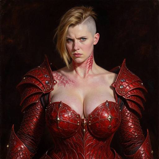 Photographic portrait of a fierce, blonde, punk-styled woman with a shaved side, wearing red, scaled, armored chestplate, and serious expression