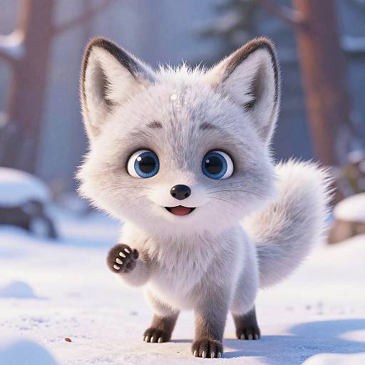 CGI image of a cute, fluffy, silver-gray fox with large blue eyes, standing in a snowy forest, smiling with one paw raised.