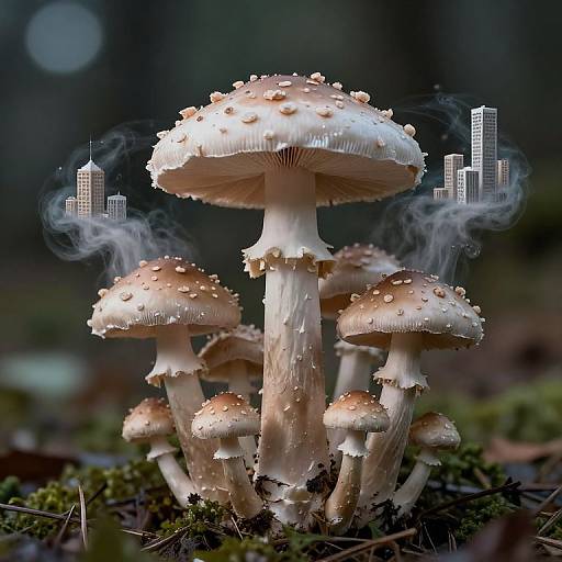 Photograph of white, gilled mushrooms with brown speckles, emitting steam, surrounded by moss, with a surreal cityscape overlay in the background