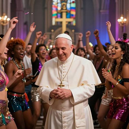 Photograph of Pope Francis in white papal attire, smiling amidst a joyful, diverse crowd of people in colorful, festive outfits, inside a brightly lit