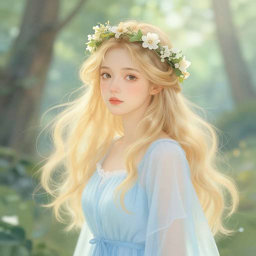 Digital anime-style drawing of a blonde, fair-skinned girl with a flower crown, wearing a light blue, sheer dress, in a sunlit forest