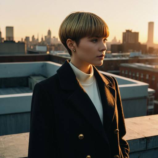 Female Model with Short Bowl Cut on Urban Rooftop at Dusk