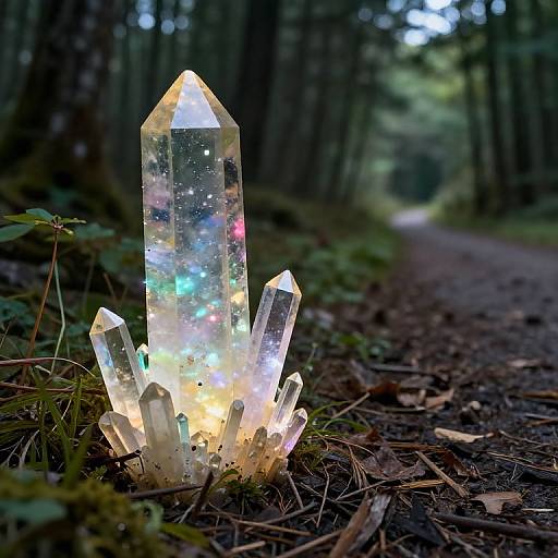 Colorful Quartz Crystals Along Forest Path