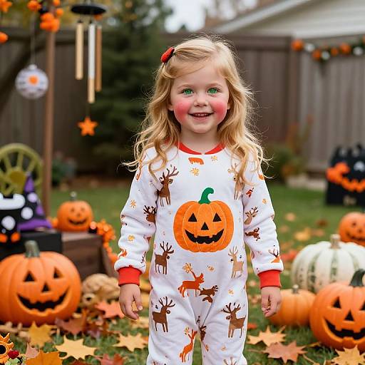 Photograph of a smiling blonde girl in reindeer-print Halloween pajamas, standing in a pumpkin-decorated backyard with fall leaves.