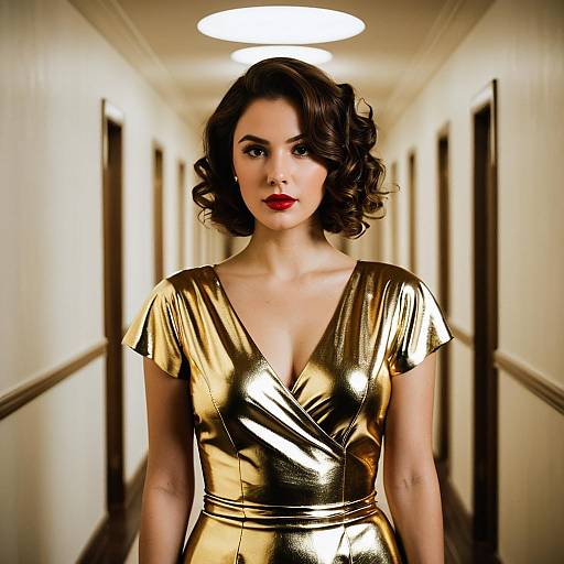 Woman in Gold Metallic Dress in Hallway