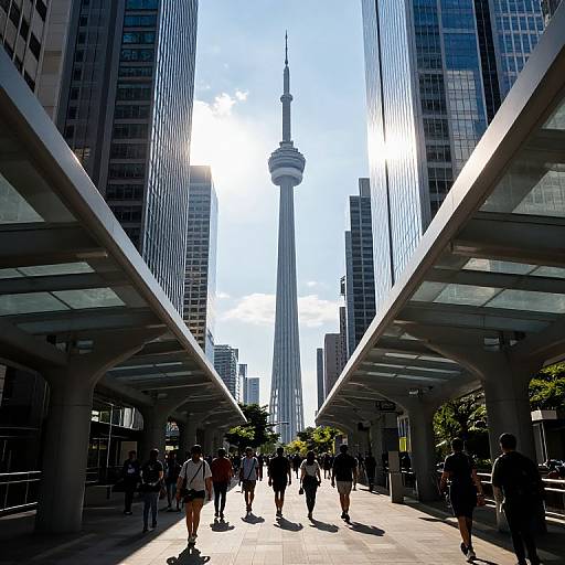 Photograph of a bustling city street with tall skyscrapers, modern glass overhangs, and pedestrians walking towards the Toronto CN Tower under a bright