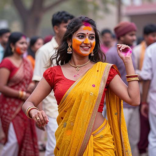 Photograph of a smiling Indian woman in a yellow sari with orange and red holi powder on her face, surrounded by festive crowd.
