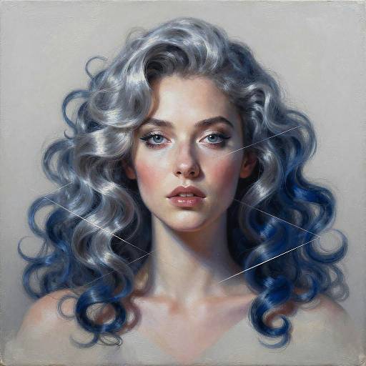Digital painting of a beautiful woman with silver, wavy hair and blue eyes, staring directly at the viewer. Her skin is fair, and her expression