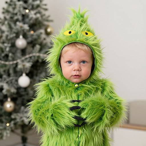 Photograph of a cute baby with blue eyes in a green, fuzzy monster onesie with yellow eyes, standing in front of a decorated Christmas tree.