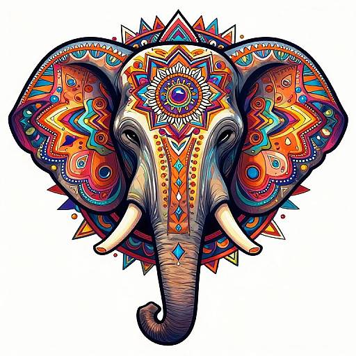 Vibrant digital illustration of an elephant adorned with intricate, colorful geometric patterns and a central sun-like design on its forehead.