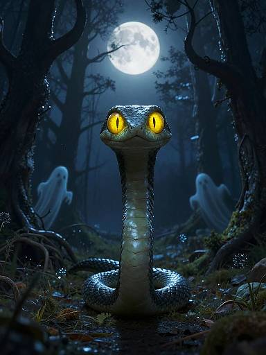 Digital art: A glowing-eyed snake with a sleek, shiny body stares forward in a dark, moonlit forest, surrounded by ghostly figures.