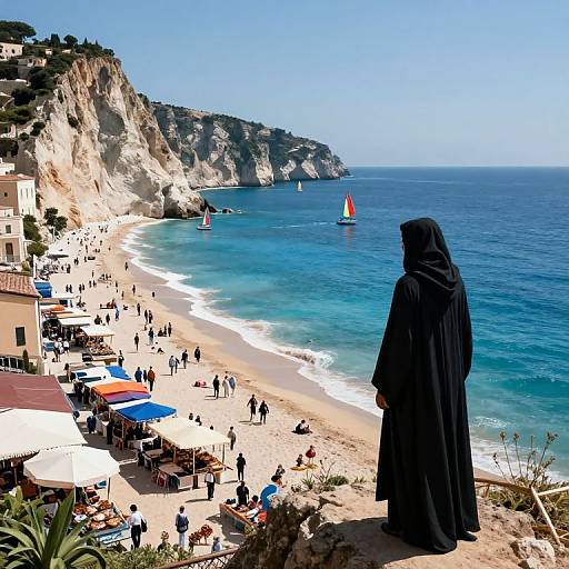 Photograph of a woman in a black hijab standing on a cliff, overlooking a vibrant beach with colorful umbrellas and sailboats.