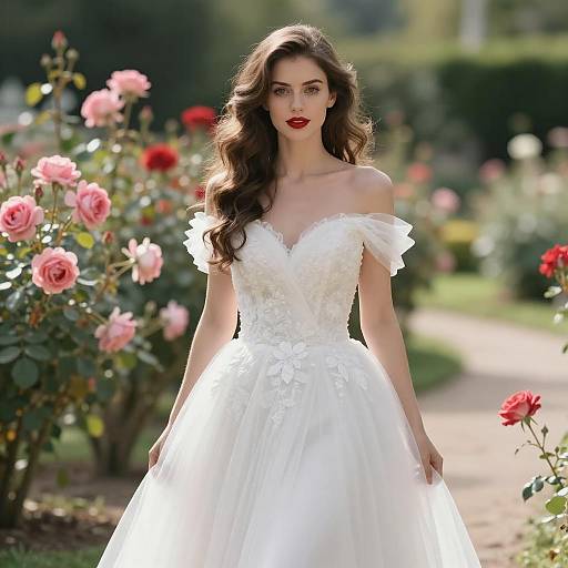Woman in White Off-Shoulder Wedding Dress in Garden