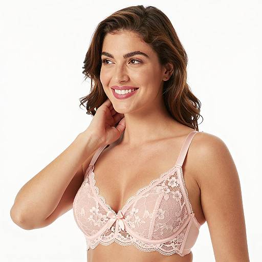 Smiling Woman in Light Pink Lace Bra