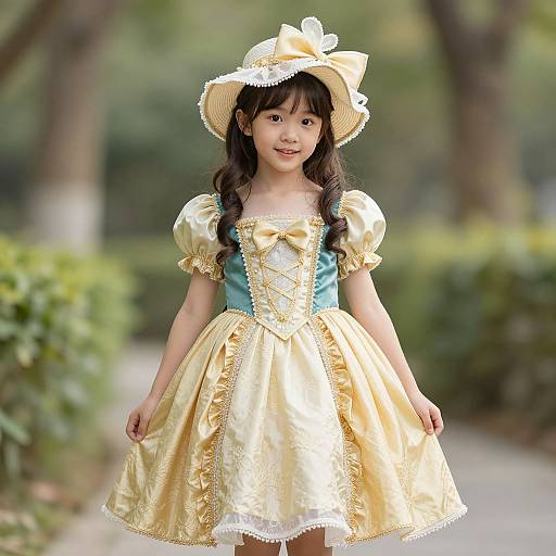 Photograph of an Asian girl with long dark hair in a yellow and blue Alice in Wonderland-style dress, wide-brimmed hat, smiling outdoors with