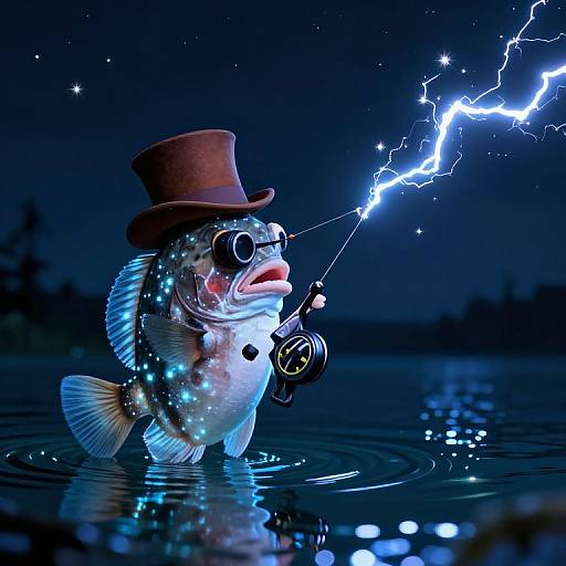 Whimsical digital artwork of a fish wearing a top hat and glasses, holding a fishing rod with a lightning bolt lure, standing in a dark,