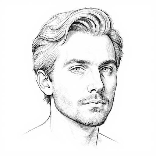 Black-and-white digital line drawing of a handsome man with wavy hair, light stubble, and intense gaze, facing forward.