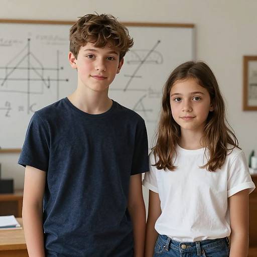 Photograph of a young boy with curly brown hair in a navy t-shirt and a girl with long brown hair in a white t-shirt, standing in